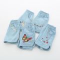 2023 Hot Summer Casual 2 3 4 6 8 10 12Years Children Embroidery Flower Cotton Pocket Denim Blue Shorts For Small Baby Kids Girls.