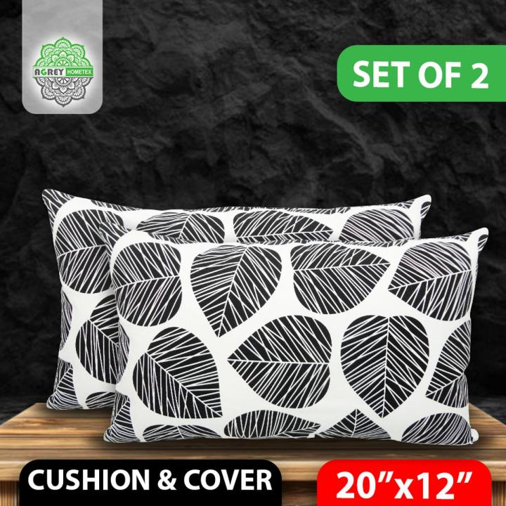 Cotton Cover With Cushion, Black & White (20"x12")_Set of 2