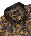 Luxury Men Dress Shirt Formal Prom Tuxedo Long Sleeve Silk Polyester Golden Color Paisley Black Shirts Blouse Men Clothing.