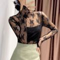 Women T Shirt See Through Transparent Mesh Tops Long Sleeve Sheer Slim Ladies Turtleneck Bright Silk T-Shirt Lace Crop Top.