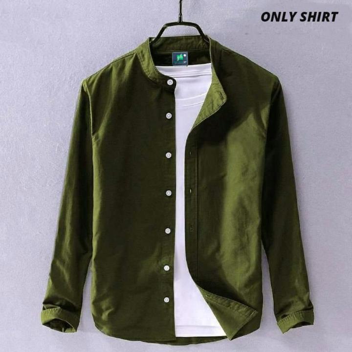 Premium Quality Band Collar Solid Olive Color Full Sleeve Shirt For Men - Shirt For Men