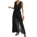 Women’s Casual Sleeveless Long Dress Fashion Solid Color V-neck Bandage High Waist Slit Dress. 