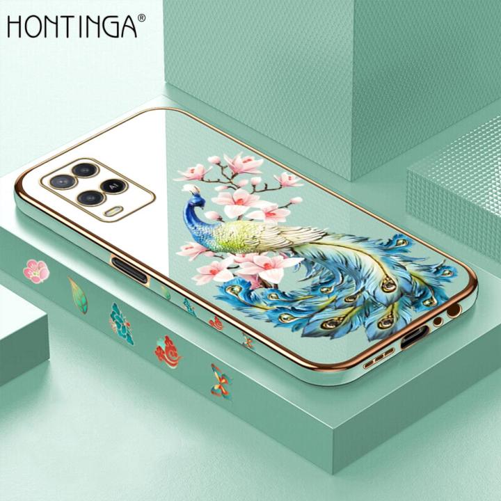 Hontinga for OPPO A54 / A54 2021 Back Cover + Free Lanyard Luxury 6D Plating Cartoon Peacock Side Pattern Case Soft Silicone Square Phone Cases