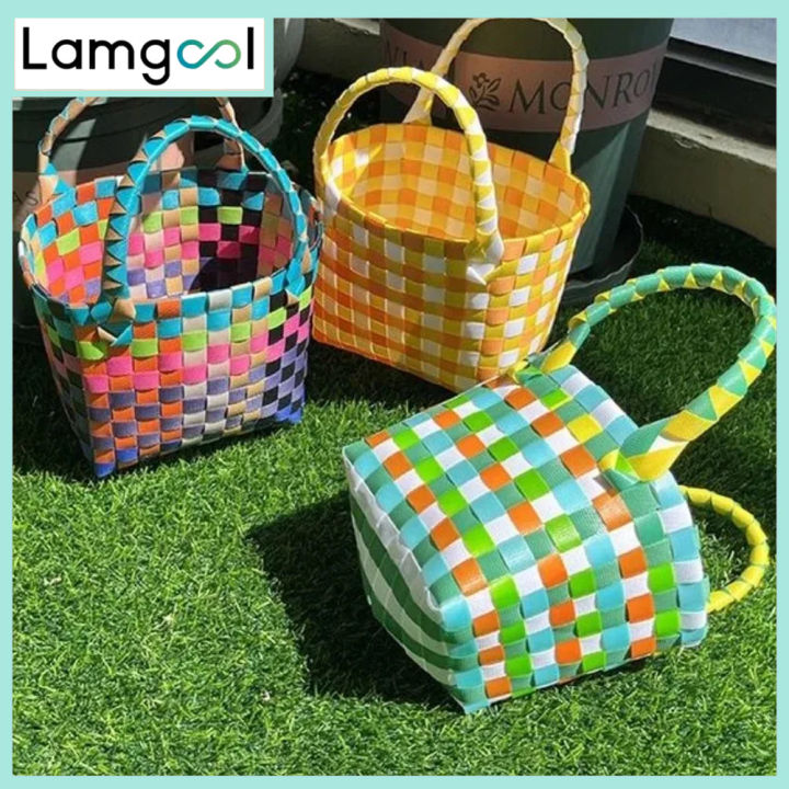 New Woven Bag Small Square Bag Plastic Vegetable Basket Bag Small Color Basket Photo Taking and Beach Bag Handbags for Women