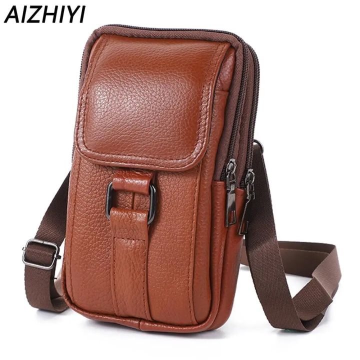 Men's Messenger Bag Cowhide Leather Bag Male Mobile Phone Pouch Pocket  Small Wallet Travel Waist Bag Multi-Pockets Chest Bag New