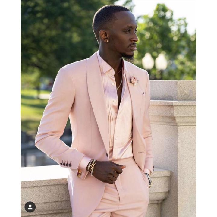 Pink Shawl Lapel Pageant Luxury Wedding Men Suits Tuxedo Costume Homme Terno Masculino Slim Fit Blazer 2 Pieces (Jacket+Pants)