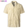 Men's Traditional Cuban Camp Collar Guayabera Shirt Short Sleeve Embroidered Mexican Caribbean Style Beach Shirt with 4 Pocket. 