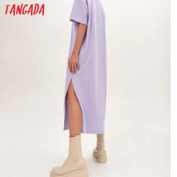 Tangada%202021%20Women%20Elegant%2095%25%20Cotton%20Sweatshirt%20Dress%20Oversized%20Short%20Sleeve%20Side%20Open%20Ladies%20Midi%20Dress%206L60%20-%20Image%204