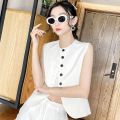Summer Waistcoat Suit Vest Women's Single-Breasted round Neck Design Sense Niche Short Fashion All-Match Vest Waistcoat Fashion. 