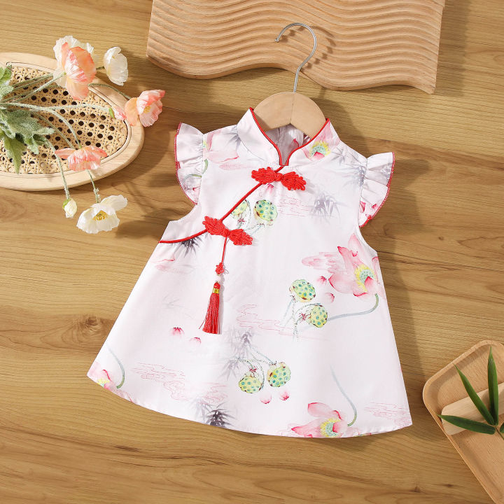 (0-3 Years Old Baby Girls) New Summer Baby Girls Dress Small Flying Sleeve Cheongsam Chinese Style Hand-Painted Wind Animal Sweet Princess Dress