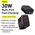 BASEUS Compact Quick Charger 2U+C Three Ports 30W Travel Power Adapter 3 Months Replacement.