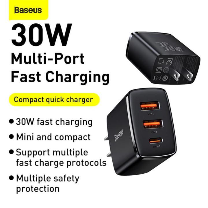BASEUS Compact Quick Charger 2U+C Three Ports 30W Travel Power Adapter 3 Months Replacement