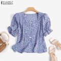 ZANZEA Korean Style Women Holiday Floral Printed Shirt Romantic Puff Sleeve Crop Blouse Tops. 