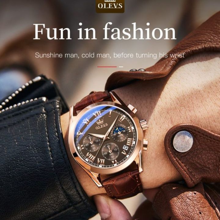 OLEVS 2871 Watch For Men Waterproof Business Dress Analog Quartz Calendar Wristwatch Luxury Brand Date Sport Leather Luminous Clock Black