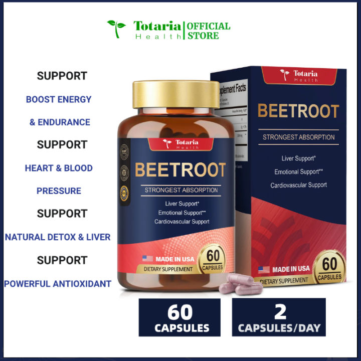 Totaria Organic Beet Root 60 Capsules – 1300mg Beetroot Powder for Natural Energy & Endurance, Liver, Mood & Heart Support, Non-GMO, GMP Certified, High Absorption