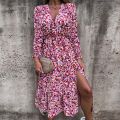 Sexy V Neck Autumn Party Dress Women Elegant Gorgeous Floral Prints A-Line Dress Fashion Long Sleeve Slit Long Dresses Vestidos. 