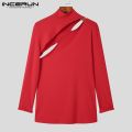 INCERUN Men T Shirt Solid Turtleneck Long Sleeve Streetwear 2022 Hollow Out Fashion Men Clothing Fitness Casual Camisetas S-5XL. 