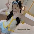 v Collar T T-shirt Short-Sleeved Summer Clothes Hot Girl Ice Silk Knitted Cardigan Design Sense Navel Purple Short Top Niche Style. 