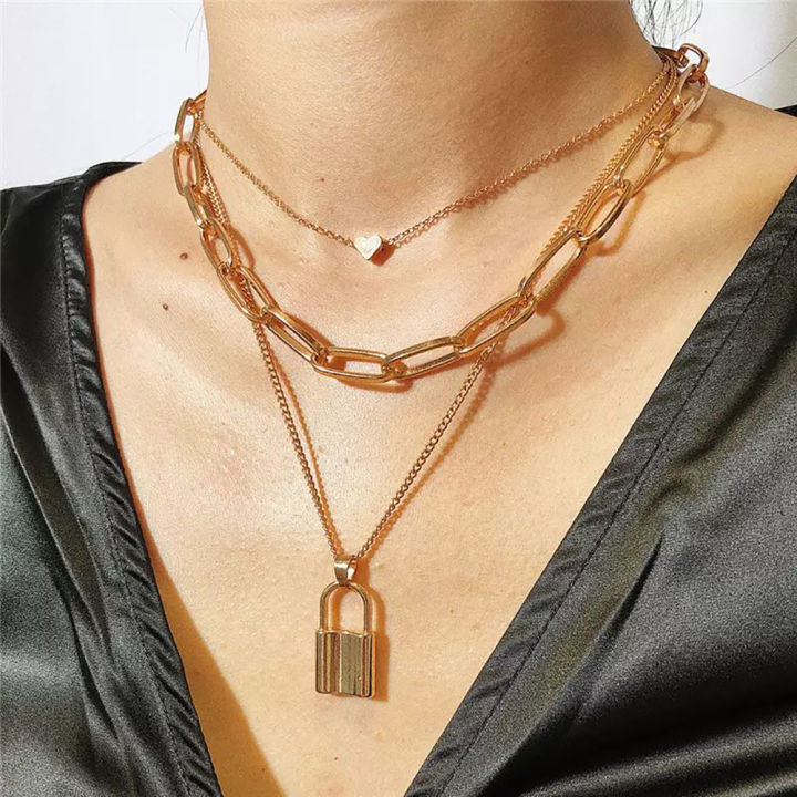 Retro%20Multi-layer%20Geometric%20Lock-Shaped%20Love%20Necklace%20European%20and%20American%20Punk%20Exaggerated%20Thick%20Chain%20Hip-Hop%20Pendant%20Necklace%20for%20Women%20Ladies%20-%20Image%203