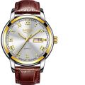 LIGE 9846 PU Leather Analog Watch For Men - Silver Golden & Brown.