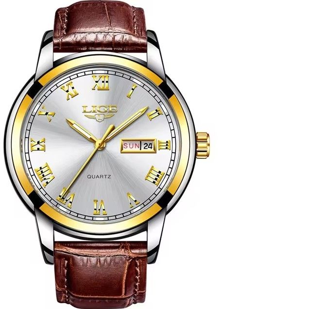 LIGE 9846 PU Leather Analog Watch For Men - Silver Golden & Brown