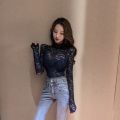 Girls Hollow Out Lace Blouses Shirts Tees FemaleTurtleneck Basic Elegant Slim Elastic Full Sleeve Black Blouses Tops For Women. 