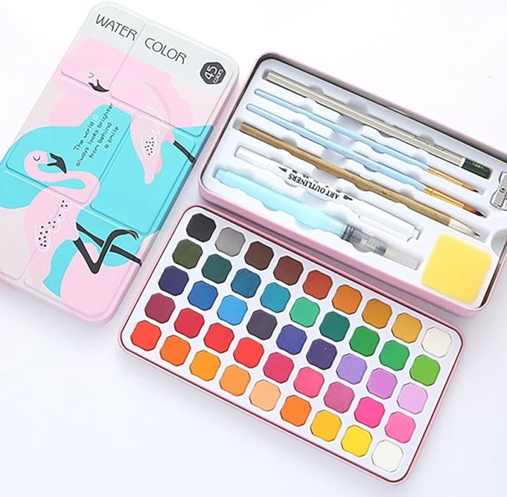 45%20Colors%20Solid%20Watercolor%20Paint%20Set%20Metal%20Box%20Painting%20Pigment%20With%20Water%20Brush%20,yellow%20sponge,Mop%20brush,%20Art%20Outliners,2pc%20Round%20brush%20,pencil%20,sharpener%20Drawing%20Watercolor%20Paper%20-%20Image%202