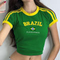 Y2k Women T-shirt Summer Embroidery Brazil Alphabet Print Harajuku Letter Fashion Crop Top Short Sleeve Clothes.