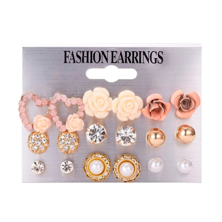 9 Pairs/Set Women's Crystal Pearl Flower Ear Studs Earrings Elegant Jewelry Gift Crystal Stud Earring Sets Mix Jewelry
