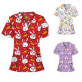 Women Easter Bunny Print Nursing Uniform Scrub Short Sleeve T-Shirt Tops For 2023 Easter Home Party Accessories.
