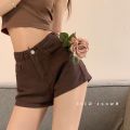 Summer Brown Stretch Denim Shorts Women's Small Versatile Hip Lifting Temperament Slim-Fit High Waist Figure Flattering Hot Pants Trendy. 