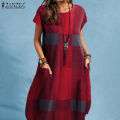 ZANZEA Women Short Sleeve Round Neck Plaid T-Shirt Dress Summer Beach Midi Dresses.