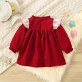 (0-3 Years Old Girls) Autumn/Winter New Girls Dress Bow Ribbon Small Flying Sleeve Round Neck Sweet Princess Dress Solid Color Birthday Party Team Dress. 
