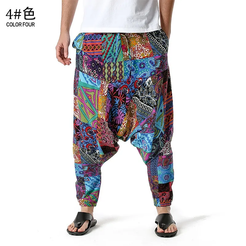 Men's African Print Harem Baggy Genie Boho Pants Casual Cotton