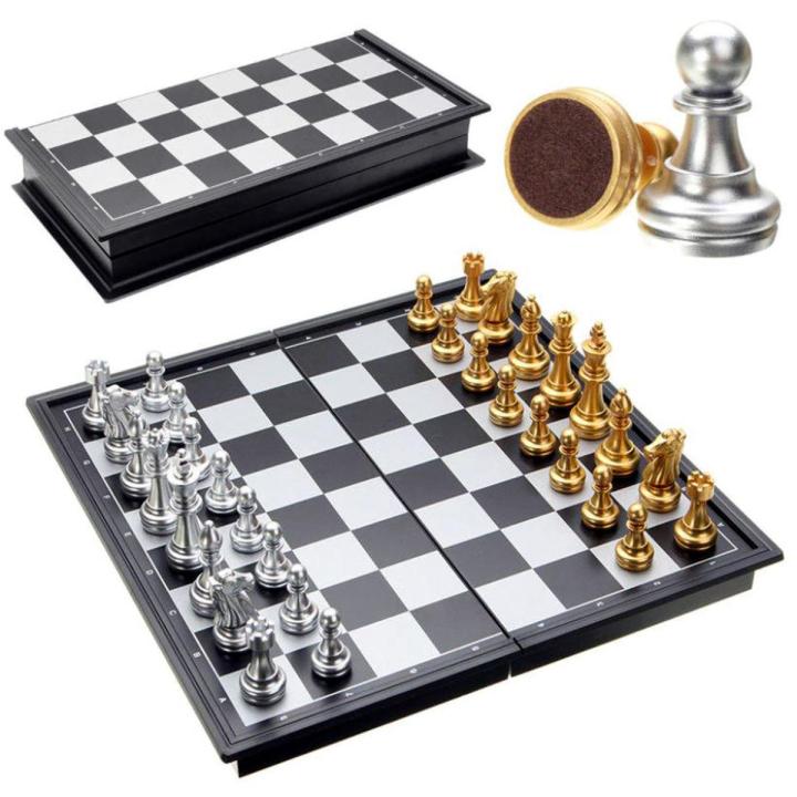 Chess Game Silver Gold Pieces Folding Magnetic Foldable Board Contemporary Set Fun Family Board Games Gifts