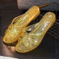 Fashionable crystal slippers for women's transparent sandals, women's hollow soft anti-odor flat heel, bath bathroom anti-slip shoes.
