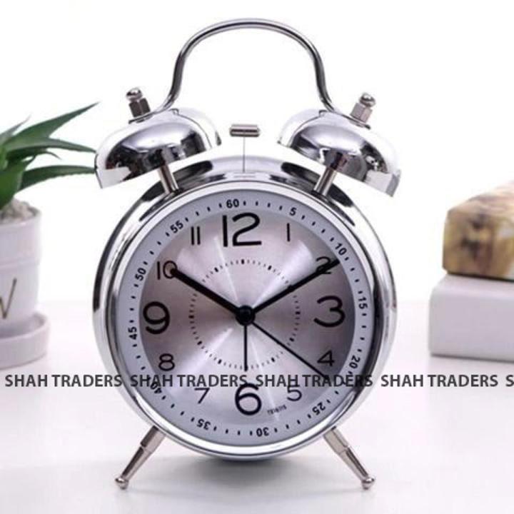 Shah Traders Metal Twin Bell Alarm Clock, Retro Vintage Desk Table Bedside Silent Analog Quartz Alarm Clock For Heavy Sleepers Kids Home Bedrooms Travel School Battery Operated With Light - Clock