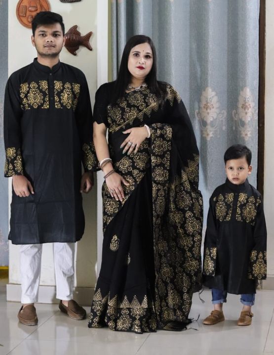 Block%20Print%20Family%20Set%20Half%20Silk%20Saree%20and%20Dhupian%20Panjabi%20for%20Father%20Mother%20and%20Son%20-%20Image%202