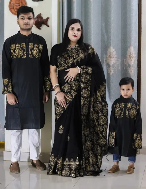 Block%20Print%20Family%20Set%20Half%20Silk%20Saree%20and%20Dhupian%20Panjabi%20for%20Father%20Mother%20and%20Son%20-%20Image%202