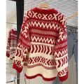 Christmas Red Sweater Women's Autumn and Winter New Popular Retro Loose Soft Glutinous Western Style Knitted Top.