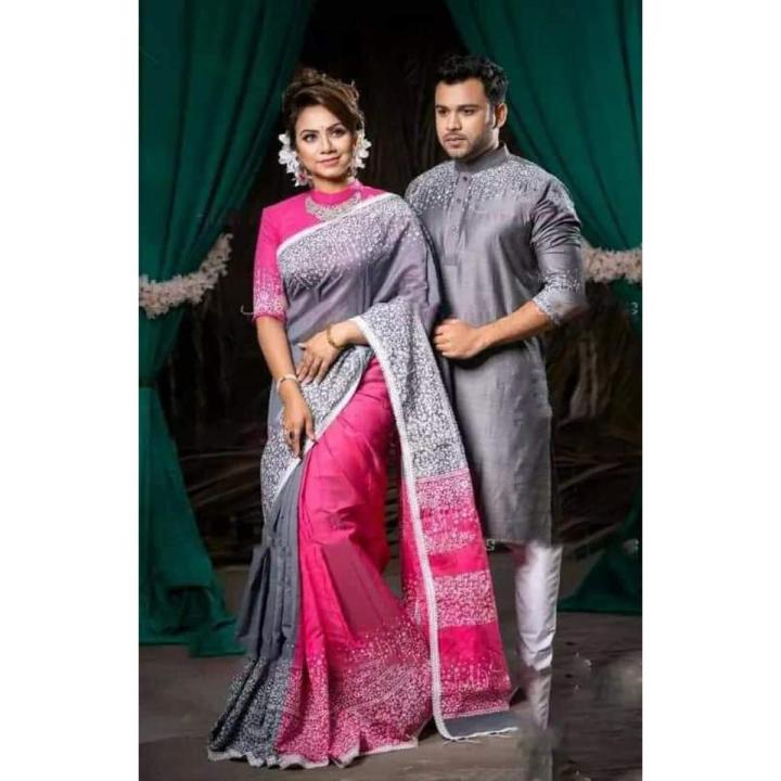 New Exclusive Design Couple Half Silk Ash Color Block Print Saree and Panjabi Fashionable, Stylish and Comfortable For Women