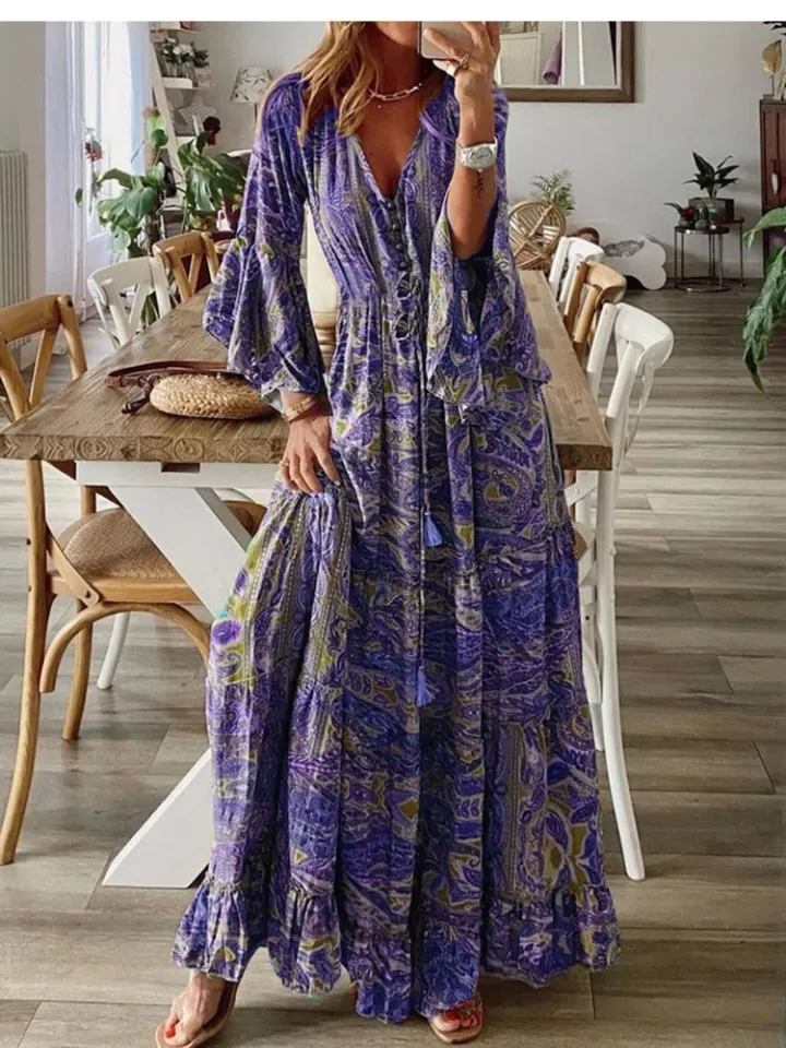 Summer Boho Beach Maxi Dress Women Spring Summer Vintage Floral Print Long  Dresses For Woman Holiday Elegant Ladies Robe Femme | Daraz.com.bd