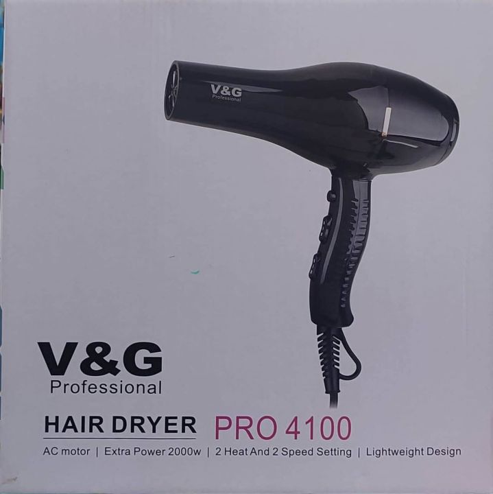 V&G Professional Hair Dryer Pro4100 Ac Motor Extra Power 2000W Natural Fresh Air 2 Heat And 2 Speed Settings Heavy Duty