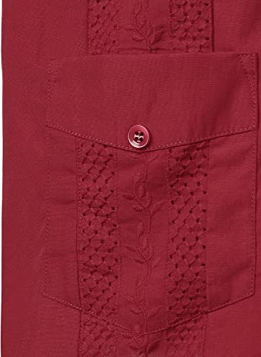 Red%20Four-Pocket%20Cuban%20Guayabera%20Shirt%20Men%20Short%20Sleeve%20Camp%20Collar%20Shirt%20Male%20Embroidered%20Mexican%20Cigar%20Wedding%20Beach%20Shirt%20-%20Image%204