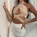Hot Halter Bandage Cut-Out Crop Tops Women Chic Sleeveless Backless Khaki Top Cropped Party Clubwear. 