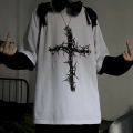 T-shirt Cross of Ts fake two-piece for men women long-sleeved dark -hop loose large size autumn trend top Simplicity. 