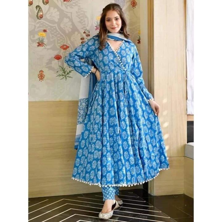 Blue Color Readymade Linen Three Pec Gown For Women