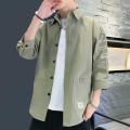 Japanese Style Casual Jacket Men Short-sleeved Shirt Men's Japanese Style Casual Cargo Shirt Coat with Turn-down Collar Three. 