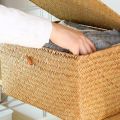 Handmade Straw Woven Storage Basket with Lid Makeup Organizer Storage Box Seagrass Laundry Baskets Rattan Jewelry Box(M).