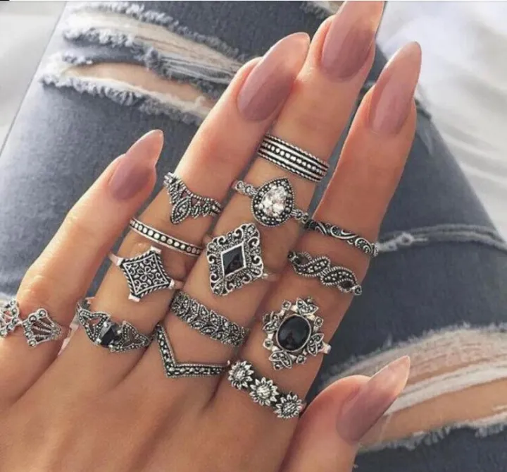 15%20Pcs/sets%20Lotus%20Flower%20Black%20Rhinestone%20Vintage%20Antique%20%20Rings%20Sets%20for%20Women%20-%20Image%202